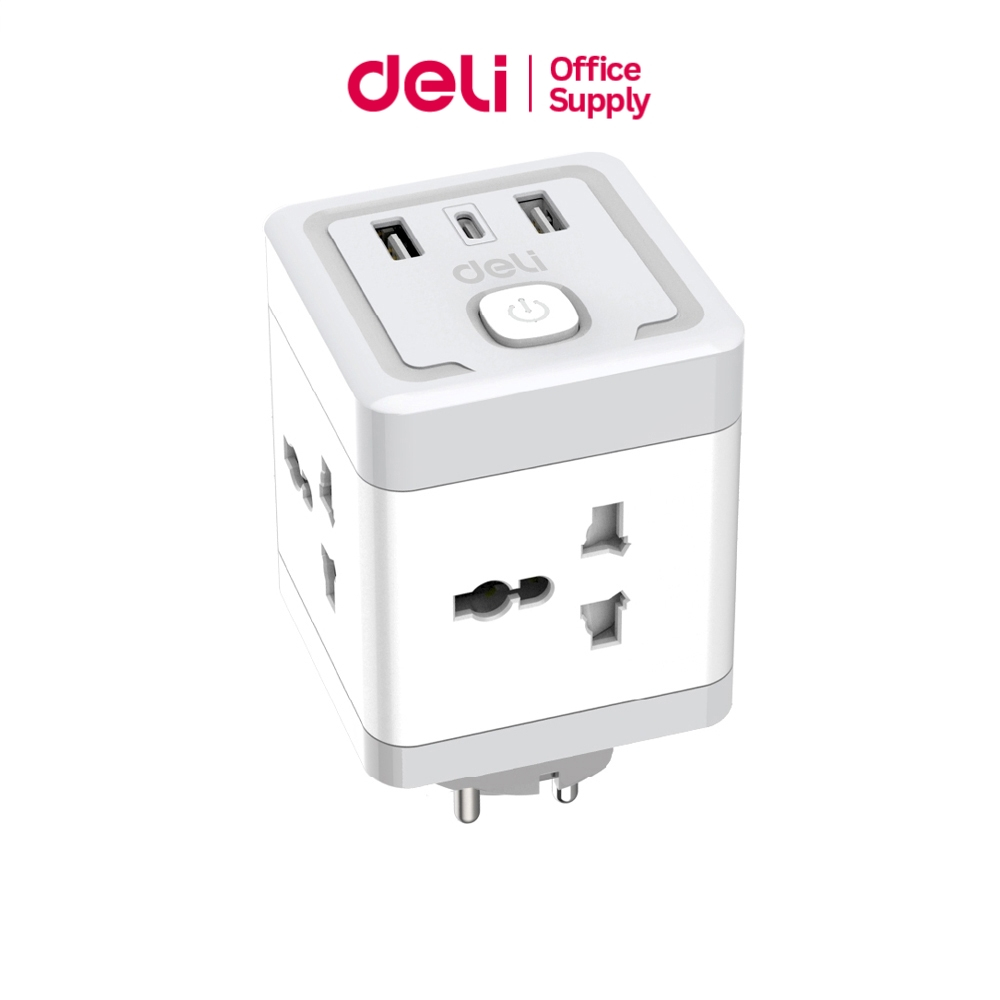 Deli ปลั๊กสามตา ปลั๊กแปลง อแดปเตอร์ รองรับ USB Type-C 3in1  มี 4 ช่อง พกพาสะดวก Socket USB Adapter