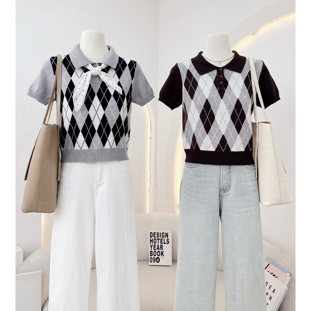 WA YA เสื้อเชิ้ตไหมพรม ลายข้าวหลามตัด