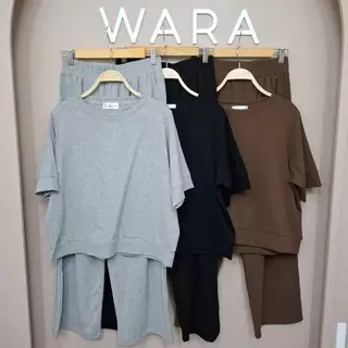 [ U43 ] WARA ชุดเซตคอกลมต่อขอบ + ขายาวกระเป๋าปะหน้า
