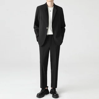 SUIT-M-02🍊(ขายยกเซ็ต) สูทผู้ชาย แขนยาวทรงสวย เซ็ตสูทแฟชั่น ใส่ทำงาน สีพื้น สไตล์เกาหลี เสื้อ+กางเกง🍊