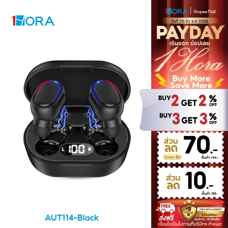 1HORA รุ่น AUT114 หูฟังบลูทูธ หูฟังบลูทูธไร้สาย Bluetooth Earbuds ขนาดเล็ก บลูทูธ 5.3 กันน้ำ หน้าจอL