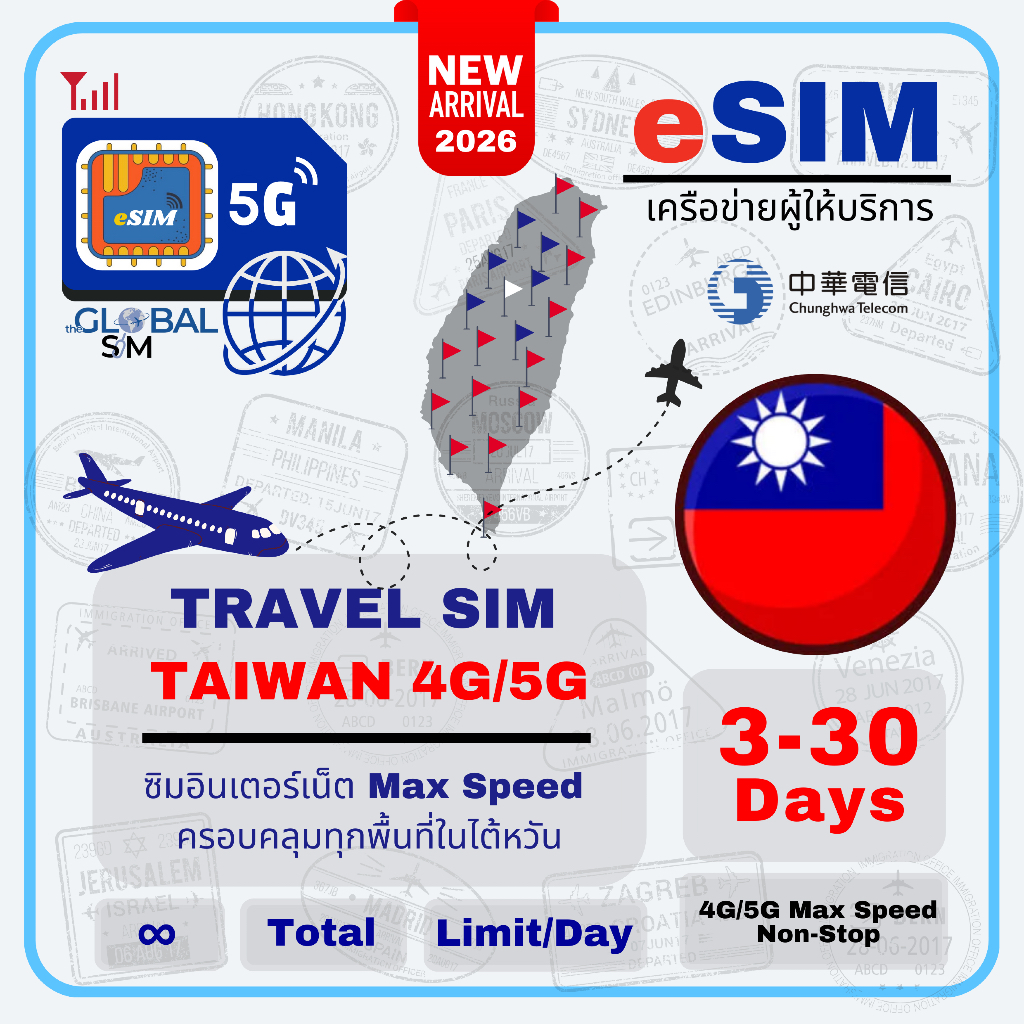 【The Global SIM】eSIM Taiwan ซิมไต้หวัน 3-30 Days 4G/5G Max speed Data