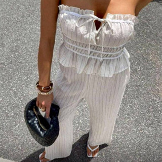 Set S2517 ชุดเซ็ต 2 ชิ้น เสื้อเกาะอก+กางเกงขายาว ลายทาง