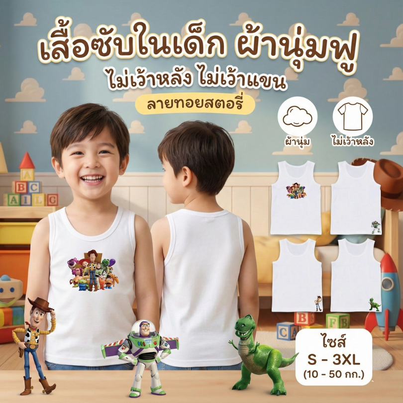 มาแรง!! เสื้อซับในเด็กชาย เสื้อกล้ามเด็ก ลายทอยสตอรี่  Toy Story ผ้าฝ้ายผสม ระบายอากาศดี อายุ1-11ปี 10-50 กิโลกรัม
