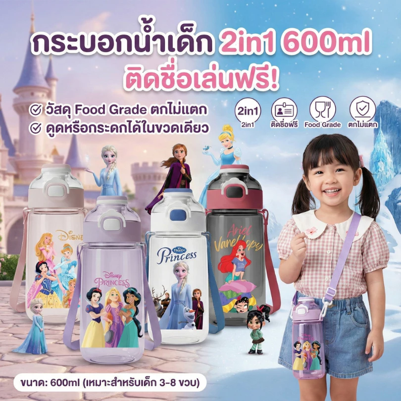 ขวดน้ำเด็ก ติดชื่อ ติดรูป กระบอกน้ำเด็ก 2in1 (ติดชื่อฟรี) ขวดน้ำ กระติกน้ำ ดูดได้/กระดกได้ หลอดกดกระเด้ง 600ml.