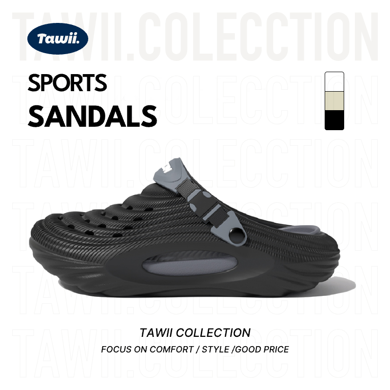 Tawii. รองเท้าแตะ ผู้ชาย กันลื่น ระบายอากาศ แผ่นรองเท้าถอดออกได้ สไตล์ลำลองกลางแจ้ง หนา 5 เซนติเมตร