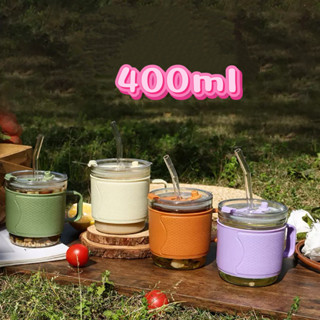 แก้วกาแฟมีหูจับ 400mlสไตล์สิมอล ฝาปิด คลังสินค้า（0015）