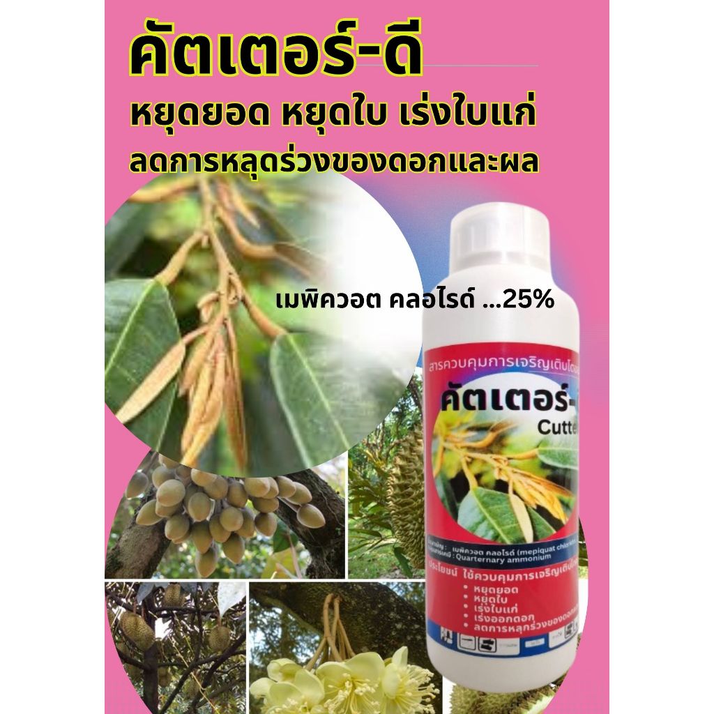 คัตเตอร์-ดี   เมพิควอต คลอไรด์   25% W/V SL ขนาด 1/2 ลิตร  สารหยุดยอด หยุดใบ เร่งใบแก่  ลดการหลุดร่วงของดอก และผล