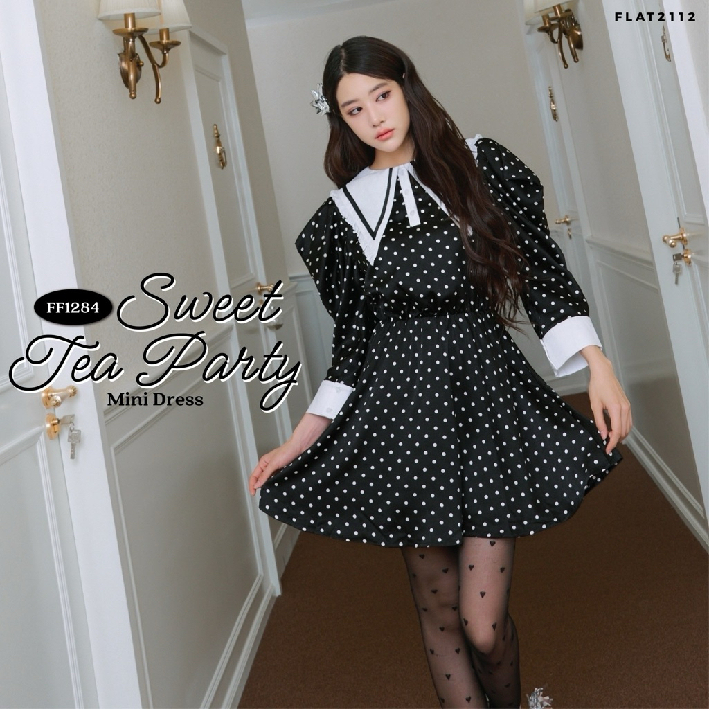 FLAT2112 : SWEET TEA PARTY MINI DRESS เดรสสั้นลายจุดขาวดำ สไตล์วินเทจ ดีเทลปกกะลาสีสุดชิค Polka Dot Dress (FF1284)