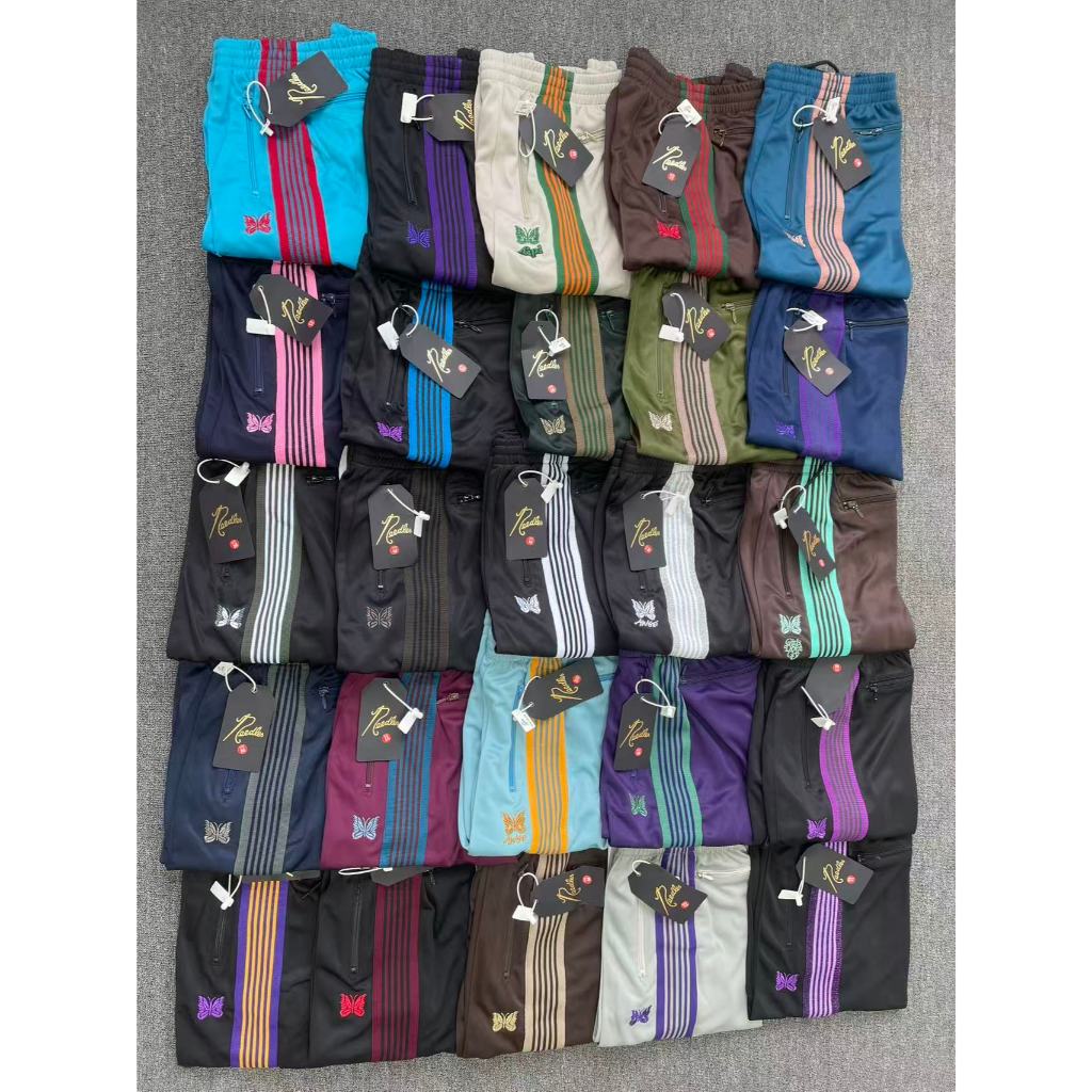 NEEDLES TRACKผ้ากํามะหยี่ กํามะหยี่สีตัดกันด้านข้าง กางเกงสปอร์ตหลวม/กางเกงผีเสื้อสบาย