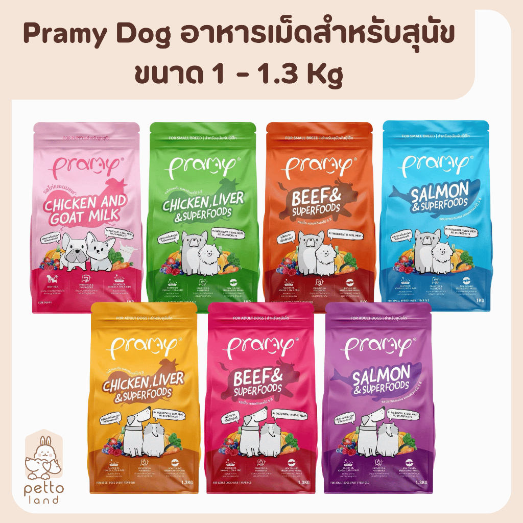Pramy Dog Food พรามี่อาหารเม็ดสำหรับสุนัข ผลิตจากเนื้อแท้ ไม่มีผลพลอยได้จากสัตว์ปีก ขนาด 1-1.3Kg
