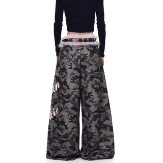 [Hairless belt, camouflage casual pants]ผู้หญิงสไตล์อเมริกันวินเทจสบาย ๆ แจ๊สเต้นรำพรางขากว้างกางเกง