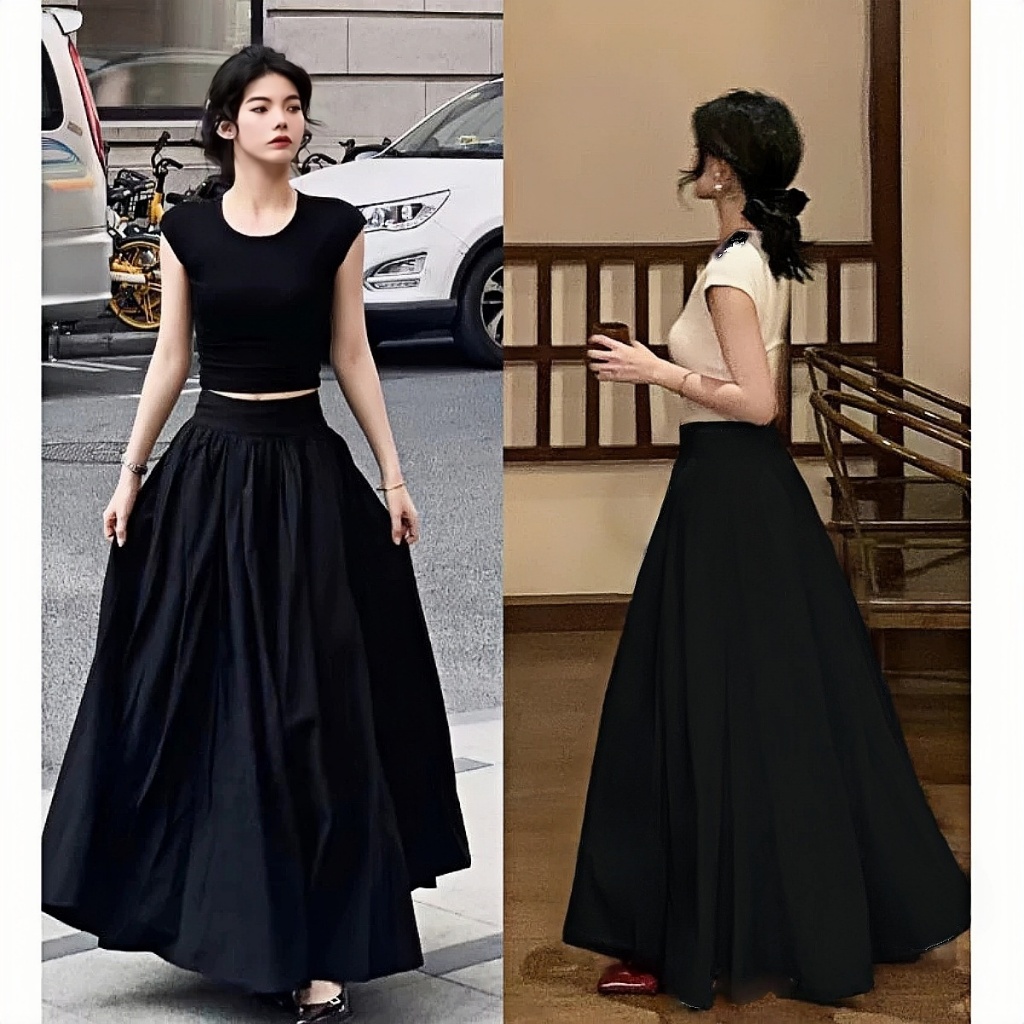 ย้อนยุค สไตล์ออเดรย์ เฮปเบิร์น สีดำ กระโปรงทรงเอ กระโปรง เอวสูง การทำตัวให้ผอม ปิดสะโพก โปร่งใหญ่  เดรสยาว นางสาว