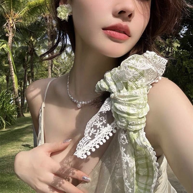 ✨ที่คาดผมทรงสามเหลี่ยม ผ้าโพกหัวลายตารางหมากรุก ผ้าพันคอสามเหลี่ยมลูกไม้ สไตล์เกาหลี y2k ย้อนยุค ราคา ถูกที่สุด ดีลบีเคเค แกลเลอรีภาพที่ 3