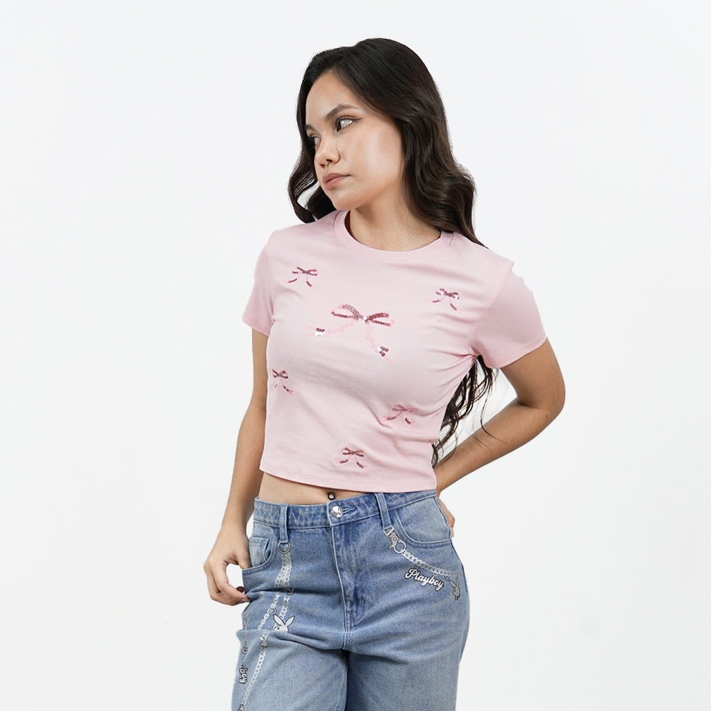 PLAYBOY PRETTY REBEL  เสื้อผ้าผู้หญิง/เสื้อ/เสื้อยืดสีชมพู รุ่น P1WT261TB017PK