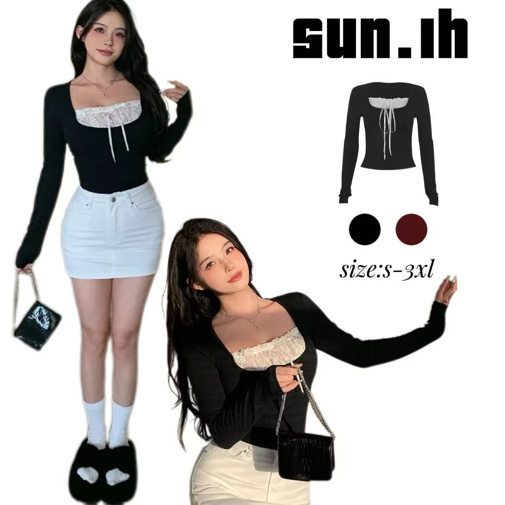 SUN🛍️พร้อมส่ง🛍️เสื้อยืดแขนยาวแต่งลูกไม้ สไตล์ใหม่สำหรับฤดูใบไม้ร่วง ทรงเข้ารูป สวมใส่แล้วดูดี เหมาะสำหรับเป็นเสื้อตัวใน