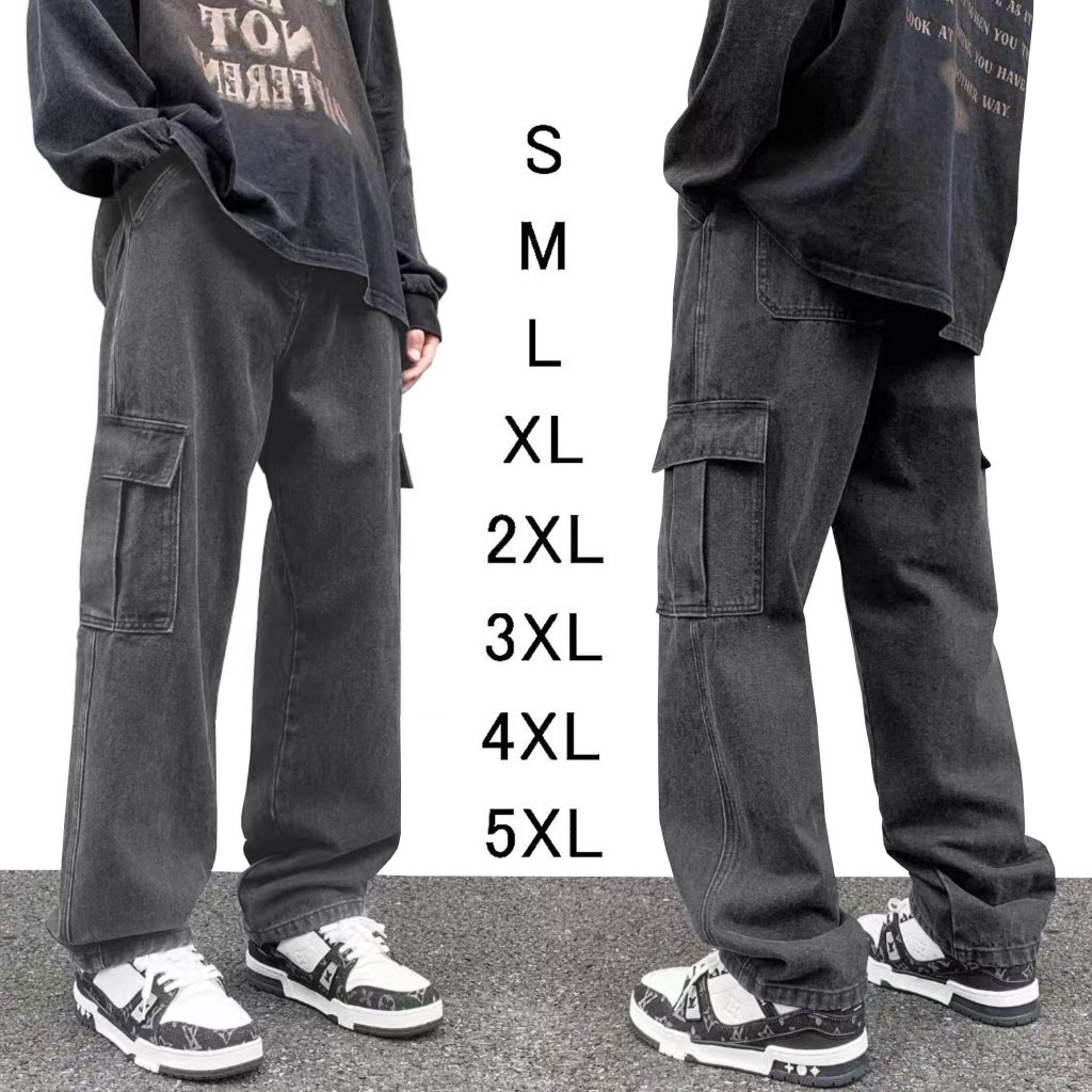 กางเกงยีนส์สำหรับผู้ชาย กางเกงคาร์โก้สำหรับผู้ชาย ทรงหลวมตรง ลำลอง กางเกงยีนส์คาร์โก้สไตล์เกาหลี สีเทา