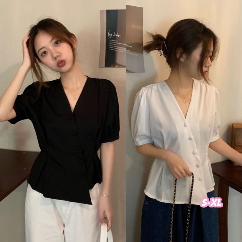 🌻Grace🌻 เสื้อเบลาส์คอวีทรงผิดปกติสำหรับผู้หญิงฝรั่งเศสสไตล์สั้นเอวแขนฟองฤดูใบไม้ผลิ W693