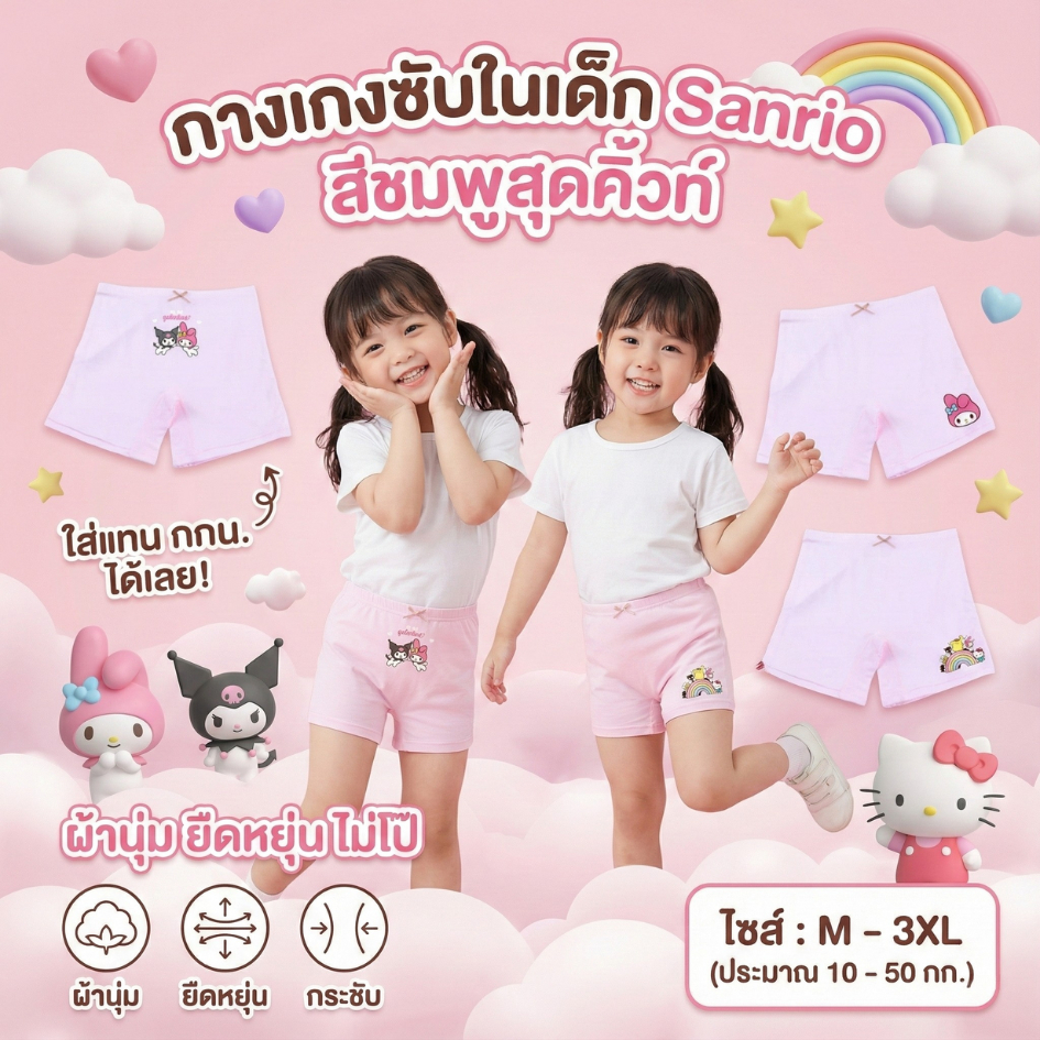 กางเกงซับในเด็กสีชมพู(รุ่นสลิม) กางเกงใน กันโป๊  ลายซานรีโอ้ sanrio น่ารัก ใส่สบาย ไม่เข้าวิน ขาไม่บาน  2-12ปี #1