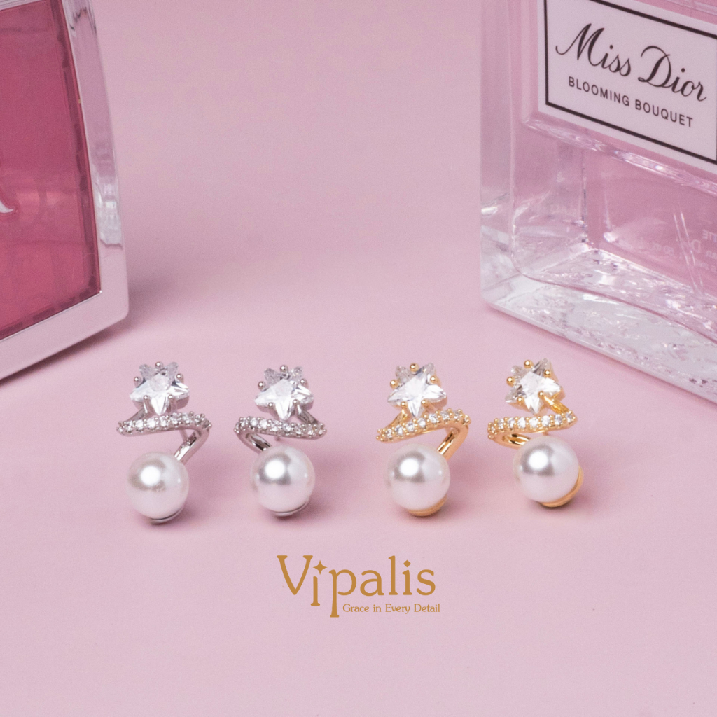 Vipalis พร้อมส่ง ต่างหูมุกคริสตัลดาว ดีไซน์เกลียว | Star Pearl Spiral Earrings | Post Pin Silver 925 - รูปที่ 4