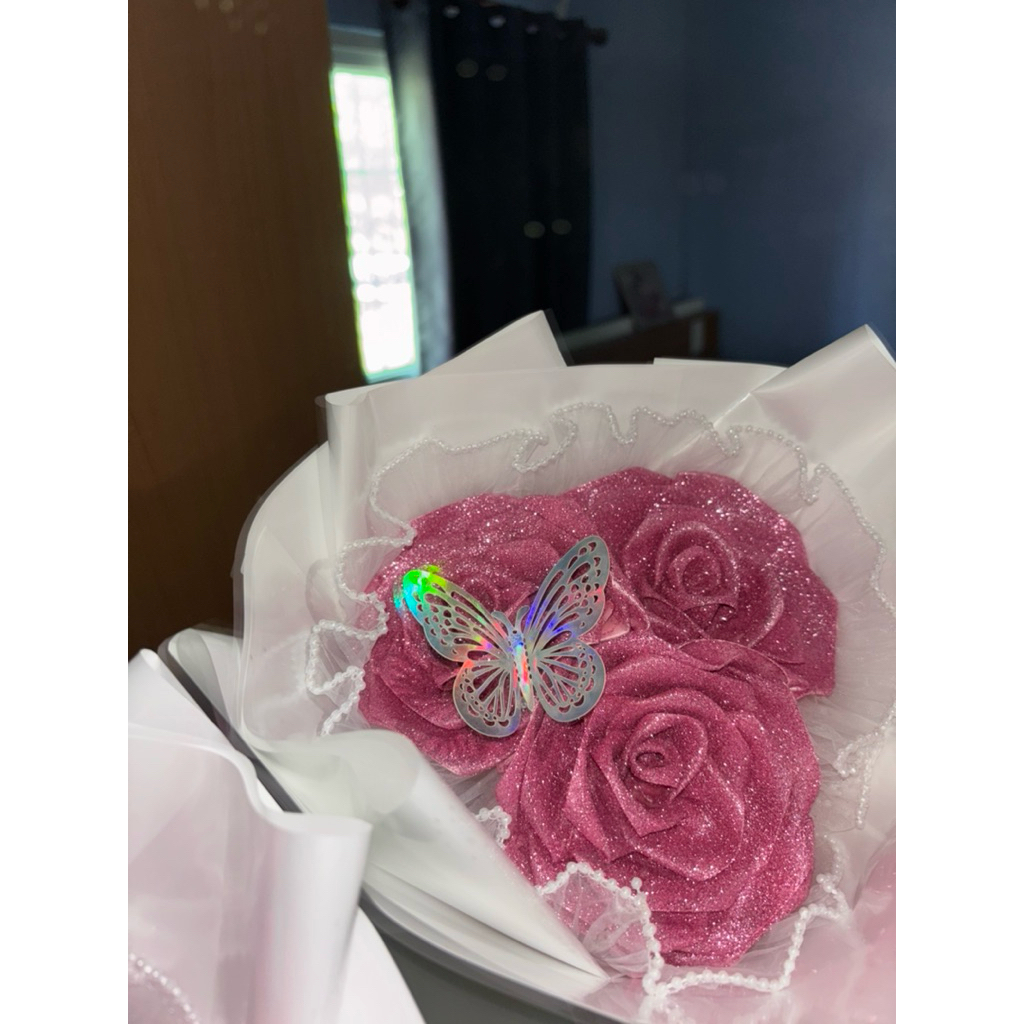 (พรีออร์เดอร์7วัน)ช่อดอกกุหลาบกลิตเตอร์สีชมพู 3 ดอก 💕🌹✨ *สินค้าพรีออร์เดอร์