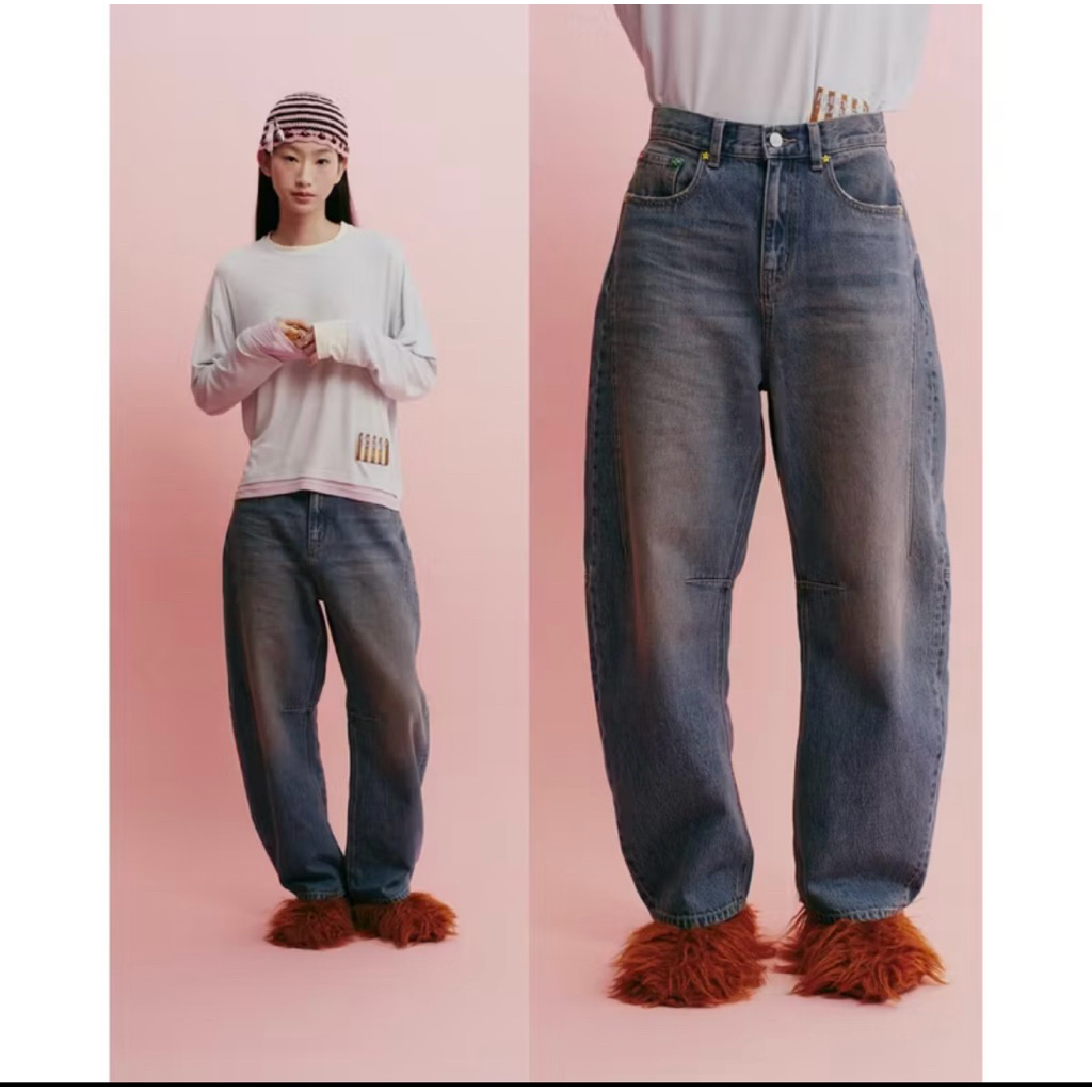 The Freckled Market - FKM Barrel Jeans  สี: Green Cast Size s ซื้อเก็บไม่เคยใส่