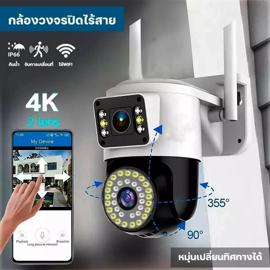 ไฟ LED 36+6 ดวง, WiFi 2.4G, หมุนได้ 360 องศา, การ์ด Micro SD, ความคมชัดสูง, สื่อสารสองทาง