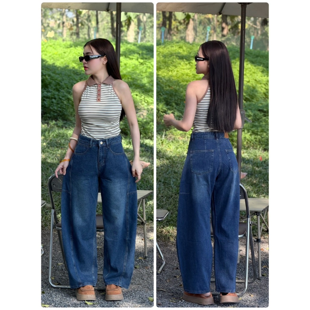V113-2 กางเกงยีนส์บาเรล สีบลูยีนส์ สวยมาก เอวสูง ผ้ายีนส์ไม่ยืด Barrel Jeans – โปรปัง