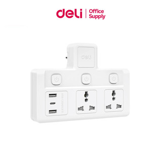 Deli ปลั๊กไฟ อแดปเตอร์กำลังไฟ 10A 2500W 2USB 1TypeC FastCharge ทนความร้อน 750 องศา Universal Adapter