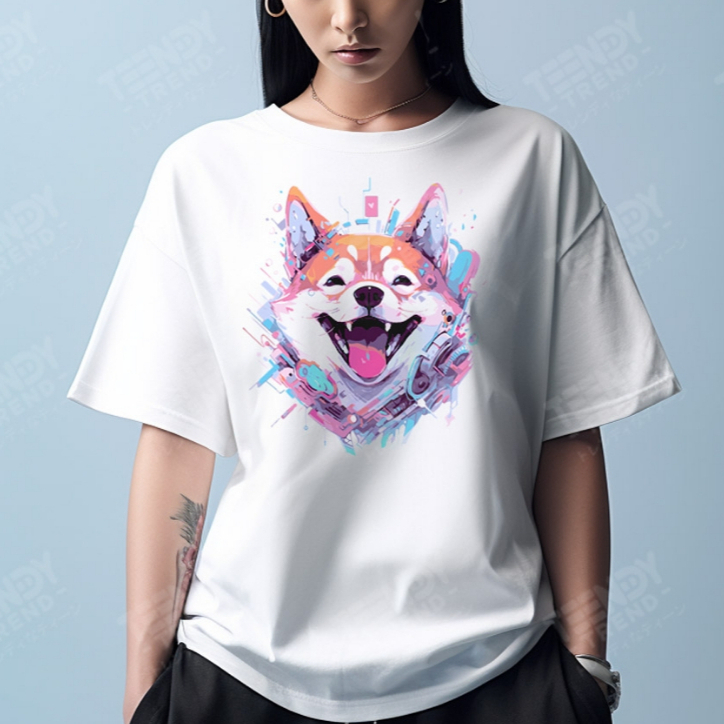Teendy Trend เสื้อยืดผู้ชาย ผู้หญิง คอตตอน ลายshiba สีขาว รุ่นTDX0006-WH