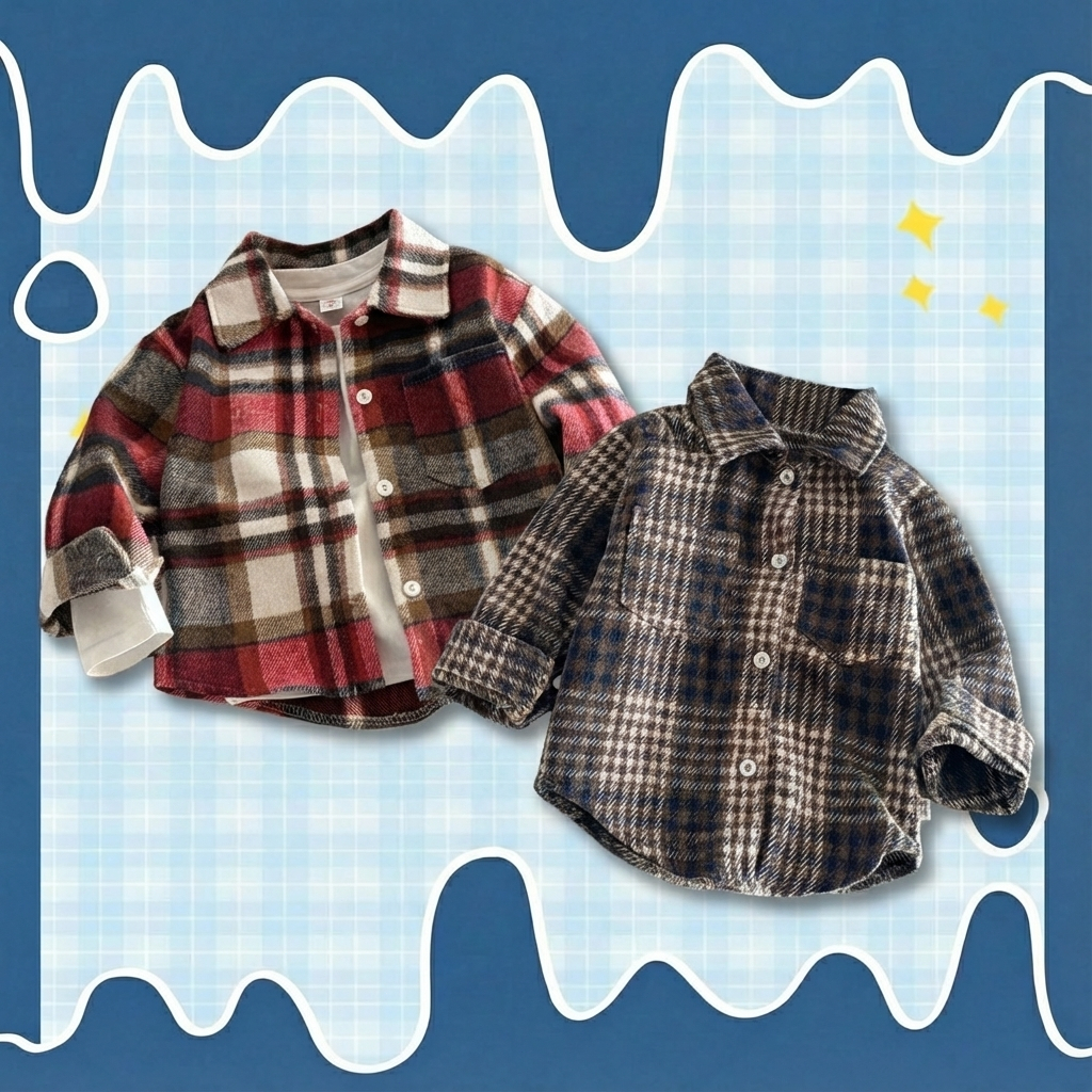 เสื้อเซื้ตเด็ก เสื้อเซื้ตลายก๊อตเด็ก หลวมและลำลอง ลายส๊อต แขนเสื้อมีกระดุม เหมาะสำหรับ2-6ปีเด็กหญิง เด็กผู้ชาย LH5114