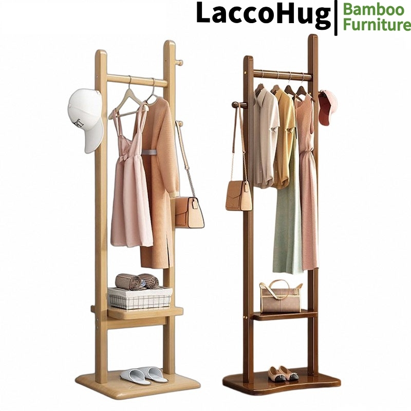 ราวแขวนผ้า เสาแขวนหมวก ราวแขวนเสื้อไม้ ที่แขวนหมวกกระเป๋า ราวแขวนเสื้ออเนกประสงค์ พร้อมตะขอและชั้นวาง