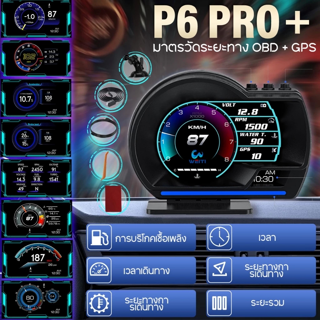 P6 pro+ สมาร์ทเกจ OBD2+GPS Smart Gauge Digital Meter/Display ของแท้เมนูภาษาไทย ลบรหัสข้อผิดพลาด สมาร์ทเกจ เกจวัด