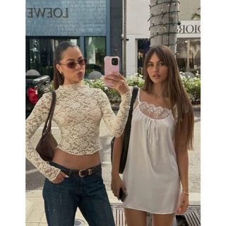 BY IRA (23297)Hannah Dress ชุดเดรสสายเดี่ยวแขนกุด แต่งขอบลูกไม่ช่วง ผูกโบว์ ผ้าใส่สบาย