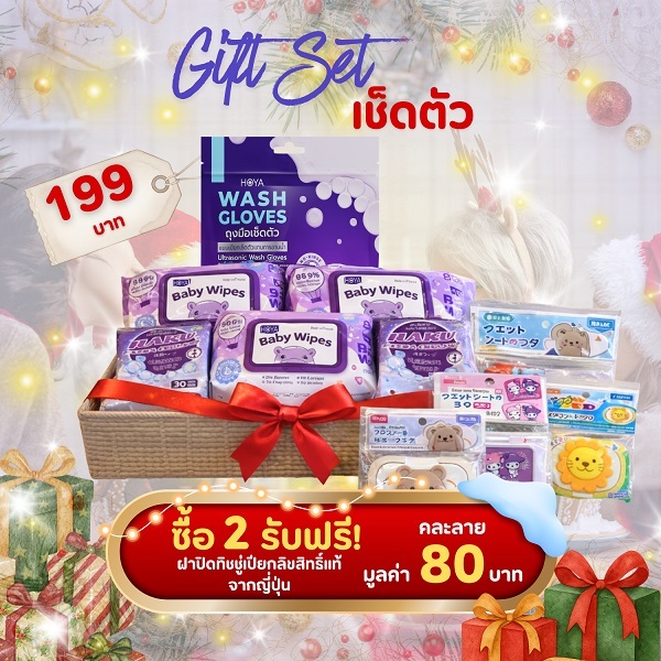 Hoya ของขวัญปีใหม่ Set 6 ชิ้น ทิชชู่เปียก HOYA WASH GLOVES 10 ถุงมือ HOYA BABY WIPES 240 แผ่น HAKU E