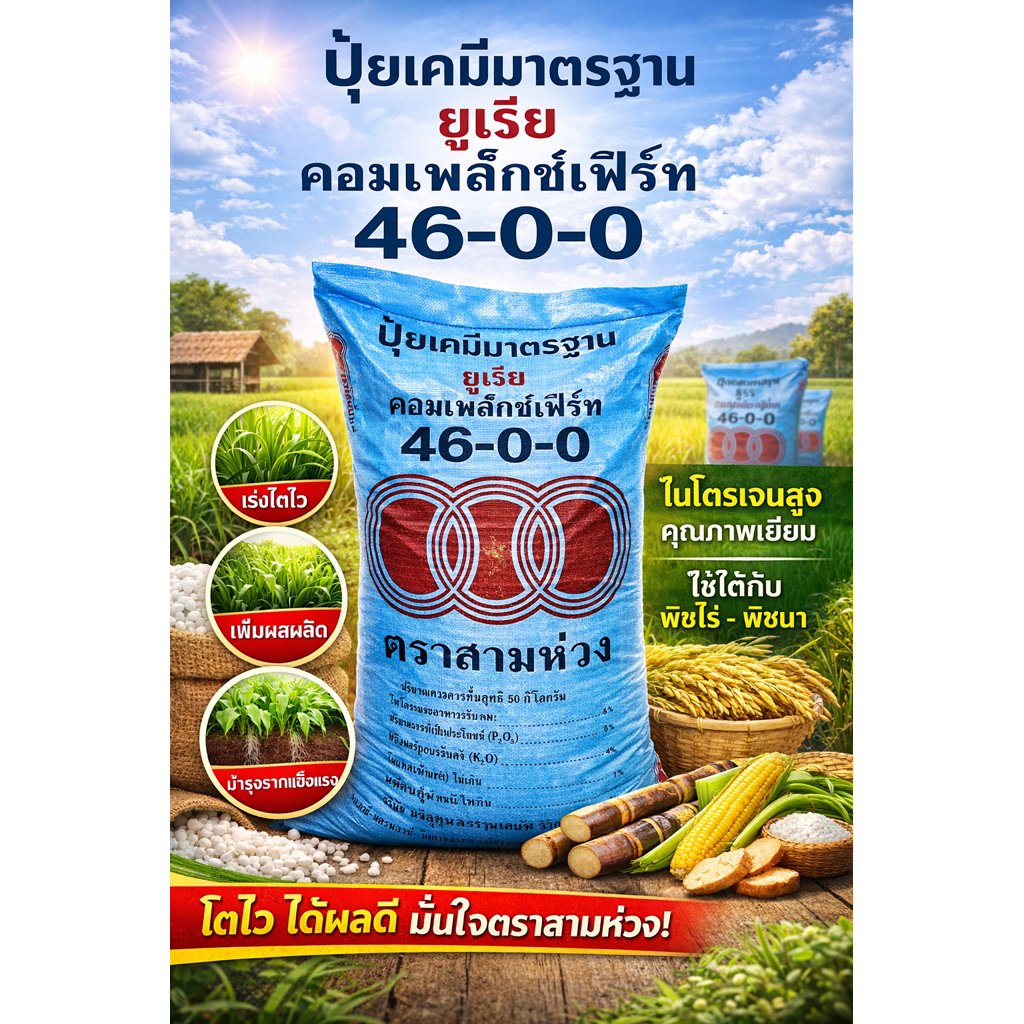 (50 กิโล) ปุ๋ยยูเรีย 46-0-0 ตราสามห่วง บำรุงต้นและใบ เร่งการเจริญเติบโตของพืช ใบดก สีเขียวเข้ม **สั่