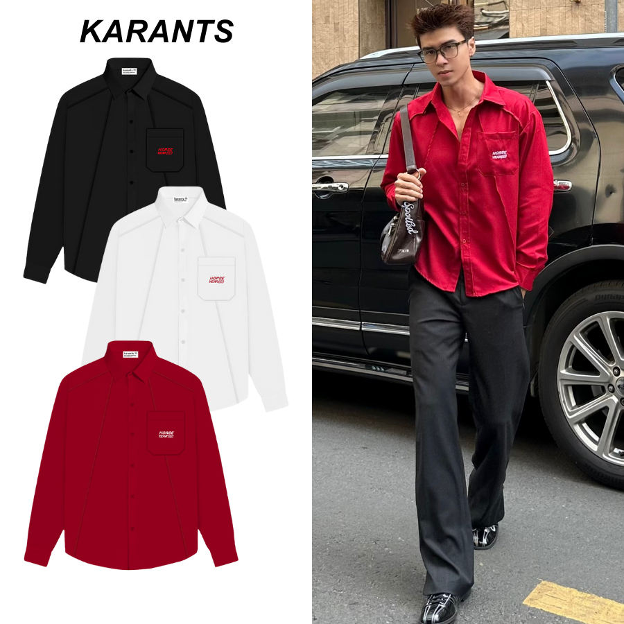 (คอลเลกชันตรุษจีน 2026) Karants เสื้อเชิ้ต Oversize แขนยาว ตรุษจีน ลายม้า กระเป๋าทรงกล่อง – KR306 รา