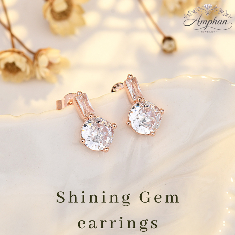 Amphan💌 Shining Gem ต่างหูอัญมณีสีโรสโกลด์ ต่างหูสไตล์เกาหลี ใช้ได้ทุกโอกาส สไตล์หวานหรู ใส่ได้ทุกวัน ของขวัญ พรีเมียม