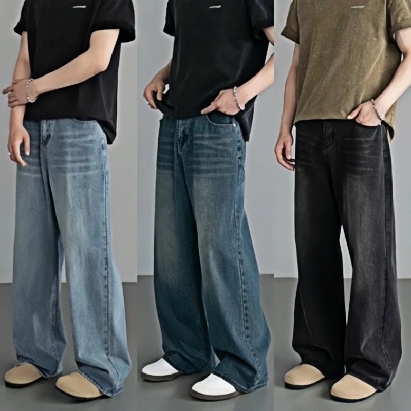 BLAZE ผู้ชายวินเทจล้างกางเกงยีนส์ตรงพอดีหลวมกางเกง 5 สี M-3XL ขนาดเอวสูงกว้างขากางเกง