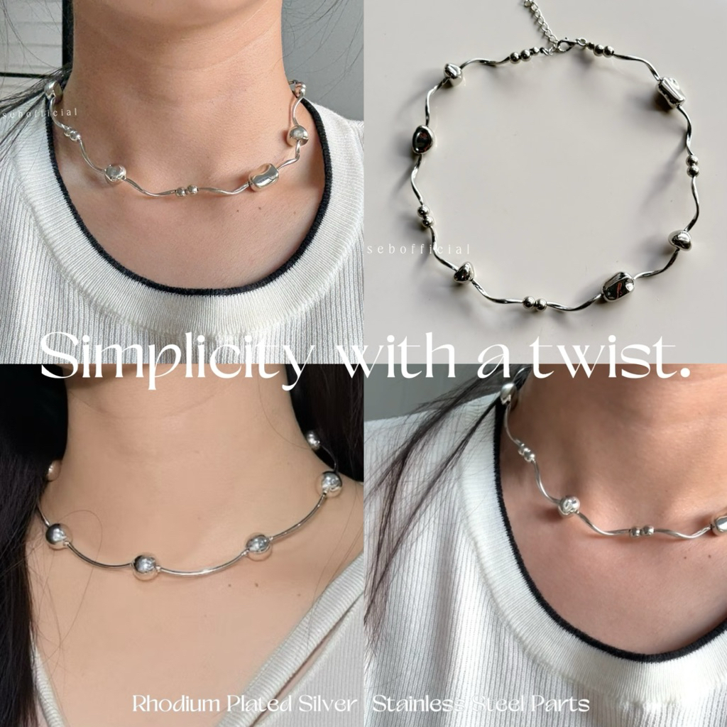 Sebofficial | สร้อยคอสแตนเลส สร้อยคอสีเงิน Minimal Silver Necklace (โดนน้ำได้) | ลูกปัดเงินน้ำหนักเบา
