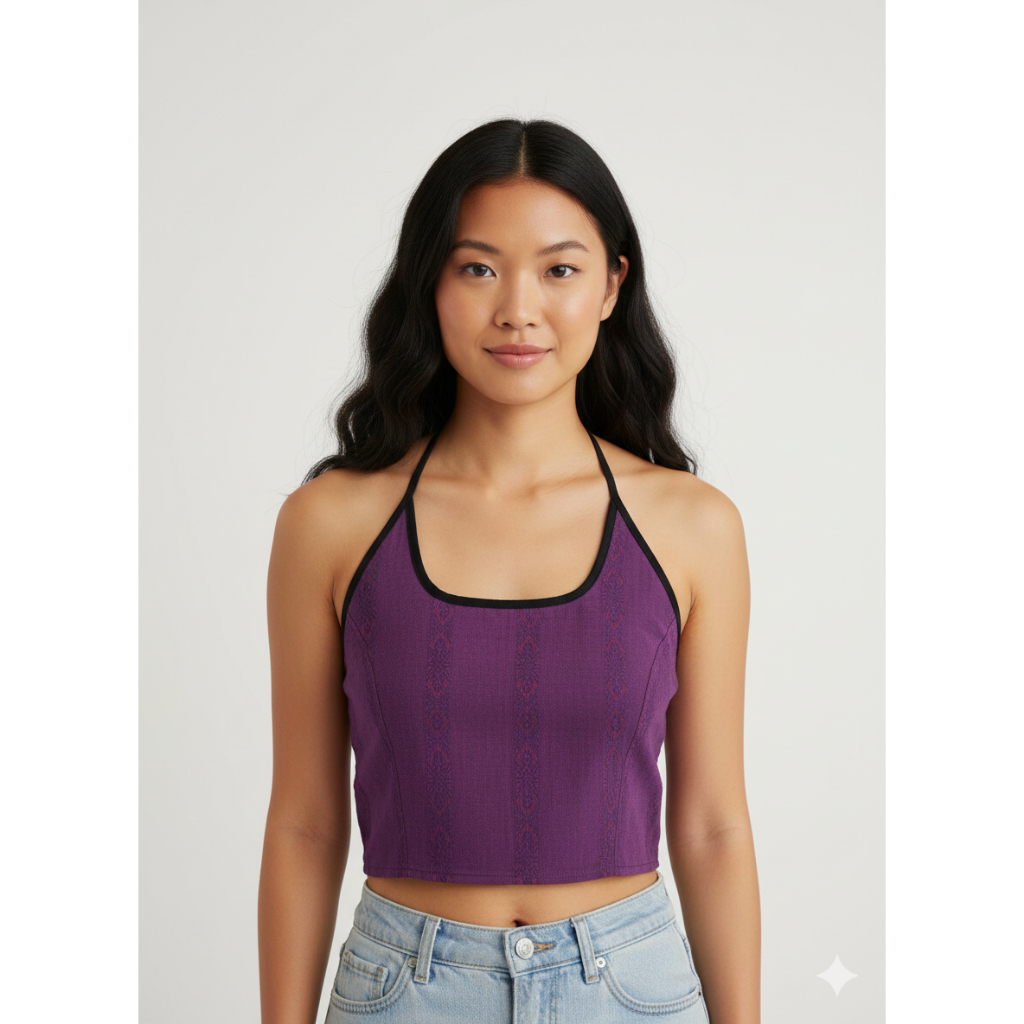 IDT004 เสื้อแขนกุด คอกลม สีพื้น ลาย ผ้าทอมือ ด้านหลังสม๊อก มีสายคล้องคอ