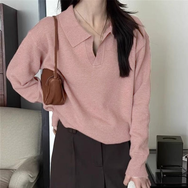 CHILI#เสื้อไหมพรมสตรีสไตล์เกาหลี คอปก รุ่นฤดูใบไม้ร่วง-ฤดูหนาว ดีไซน์โปโลลำลอง#88046 - รูปที่ 2