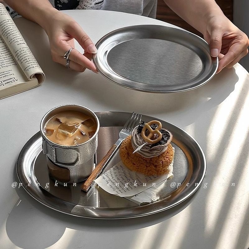 จานสไตล์เกาหลี อิน จานวงรีสแตนเลสมูลค่าสูงร้านกาแฟจานอาหารค่ําถาดเก็บเค้กจานขนม