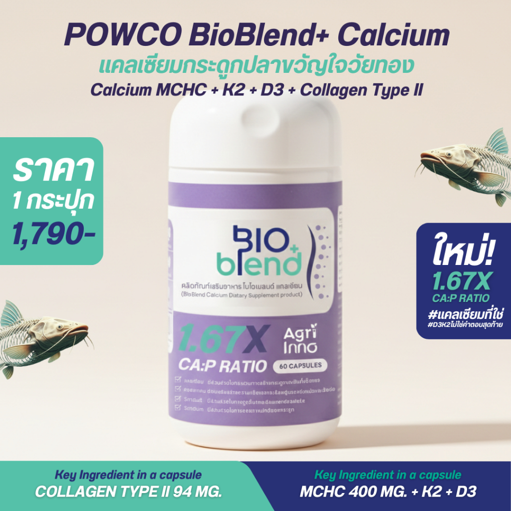 POWCO BioBlend+ MCHC แคลเซียมกระดูกปลาเต็มโดส 800 มก. อาหารเสริมวัยทอง-นักกีฬา บำรุงกระดูก ผิว ผม ข้อต่อ (60เม็ด/กระปุก)