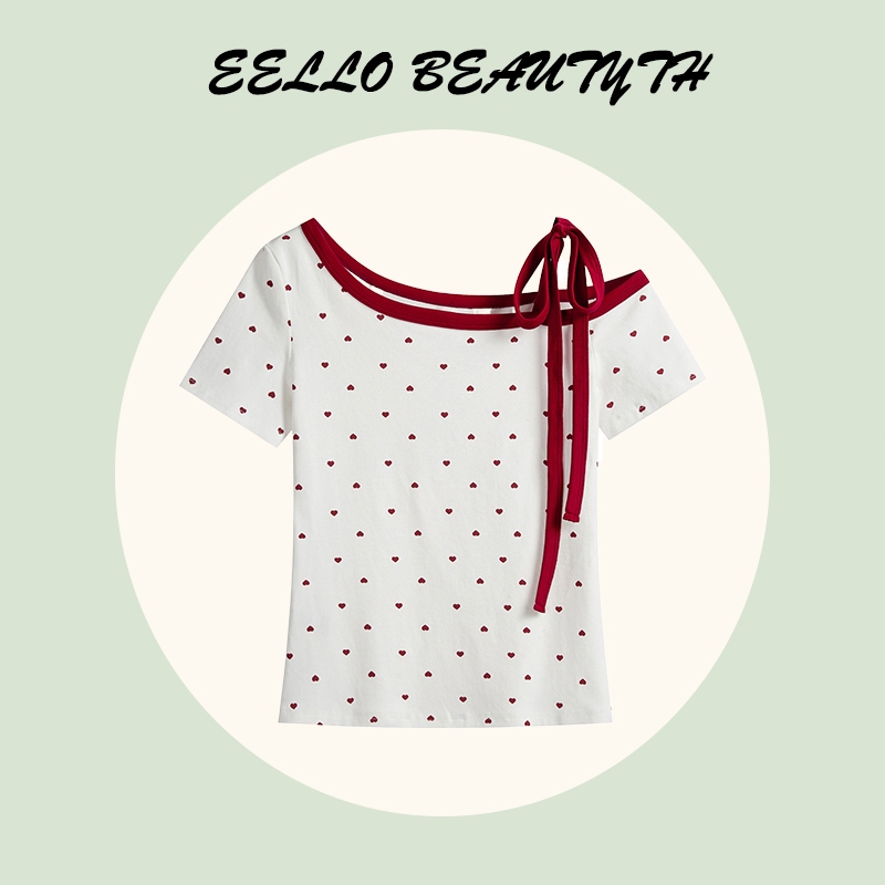 【COD】เสื้อยืดแขนสั้นพิมพ์ลายหัวใจลายจุดสำหรับผู้หญิงพร้อมสายรัดเสื้อเปิดไหล่เพรียวบางและหวาน เสื้อ ใส่ เล่น สงกรานต์