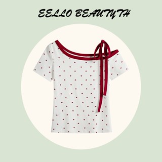 【COD】เสื้อยืดแขนสั้นพิมพ์ลายหัวใจลายจุดสำหรับผู้หญิงพร้อมสาย…