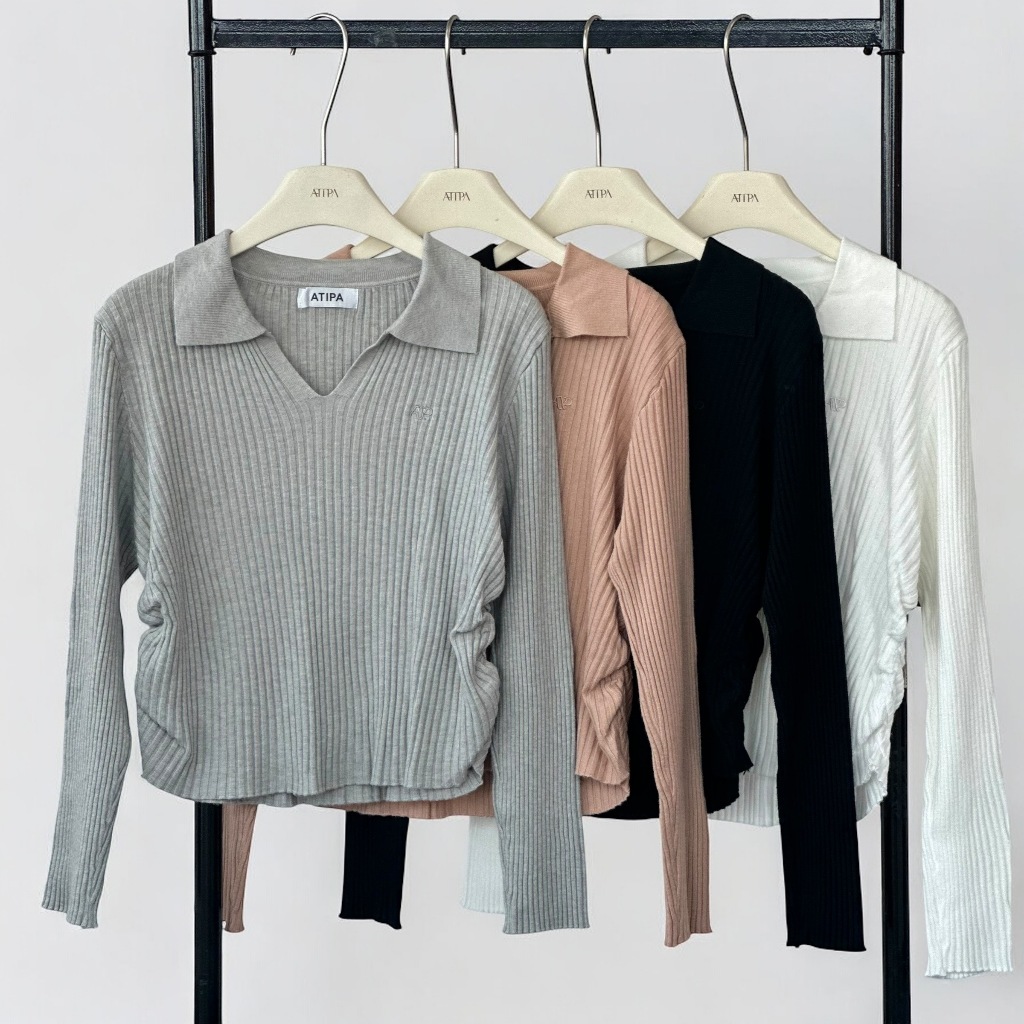 Atipashop – REBELLE V-COLLAR TOP เสื้อโปโล คอปก แขนยาว ผ้าไหมพรม จั้มเอว