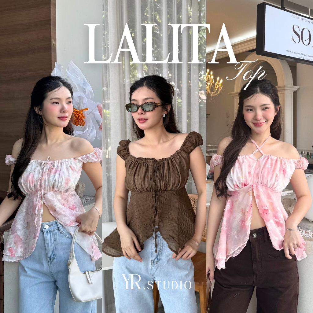 LALITA TOP เสื้อสายเดี่ยวเเต่งเเขนสม็อคปิดไหล่ดีเทลเชือกผูก เเละผ่าหน้าแต่งระบาย2ชั้น ผ้าคอตตอลซีทรูช่วงเต้ามีซับใน3ชั้น