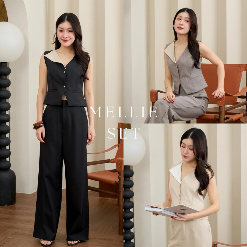 MELLIE SET ชุดเซทเสื้อคอวีแขนกุดและกางเกงขายาวเอวสูง ดีไซน์คอปกพับหนึ่งด้าน สีทูโทน