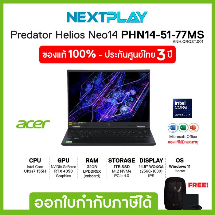 Gaming Notebook (โน๊ตบุ๊คเกมมิ่ง)Acer Predator Helios Neo14 PHN14-51-77MS 14.5" IPS,Ultra7 155H,RTX4